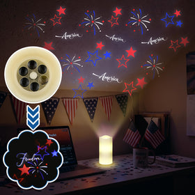 Baquler star projection candle shows red, white and blue stars on ceiling