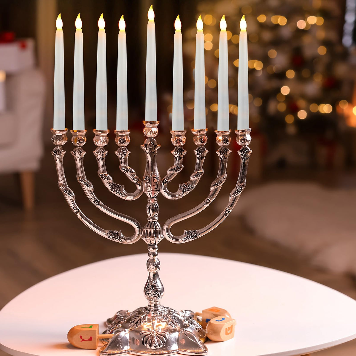 Baquler white flameless candles blend with holders for elegant Christmas decor.