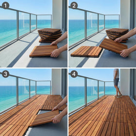 Bare Decor EZ-Floor interlocking teak tiles showing tool-free installation.