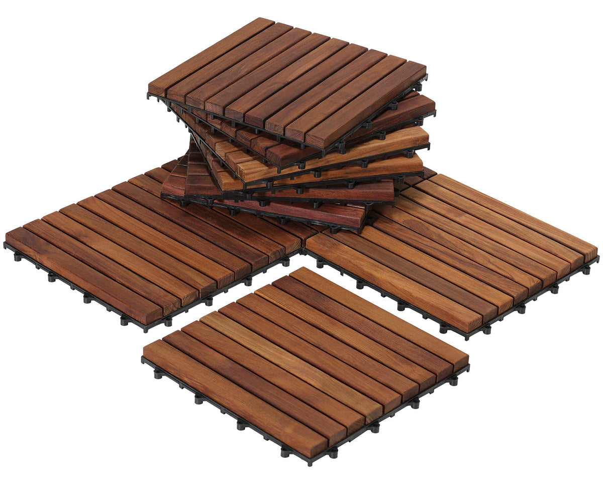 Bare Decor EZ-Floor teak tiles in oil finish with 12x12 inch panels for indoor and outdoor use.