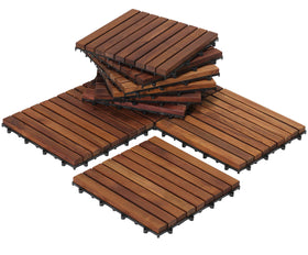 Bare Decor EZ-Floor teak tiles in oil finish with 12x12 inch panels for indoor and outdoor use.