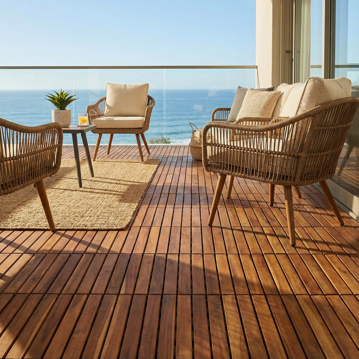 Bare Decor long 9-slat teak tiles provide a continuous wood look.