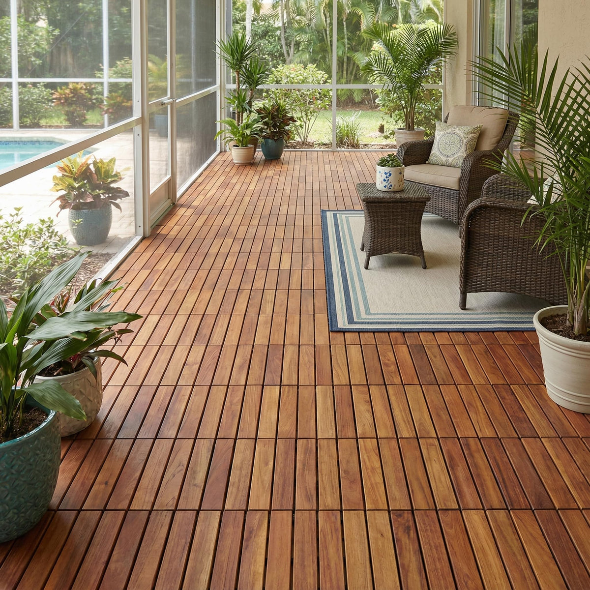 Bare Decor box of tiles covers ten square feet of teak flooring.
