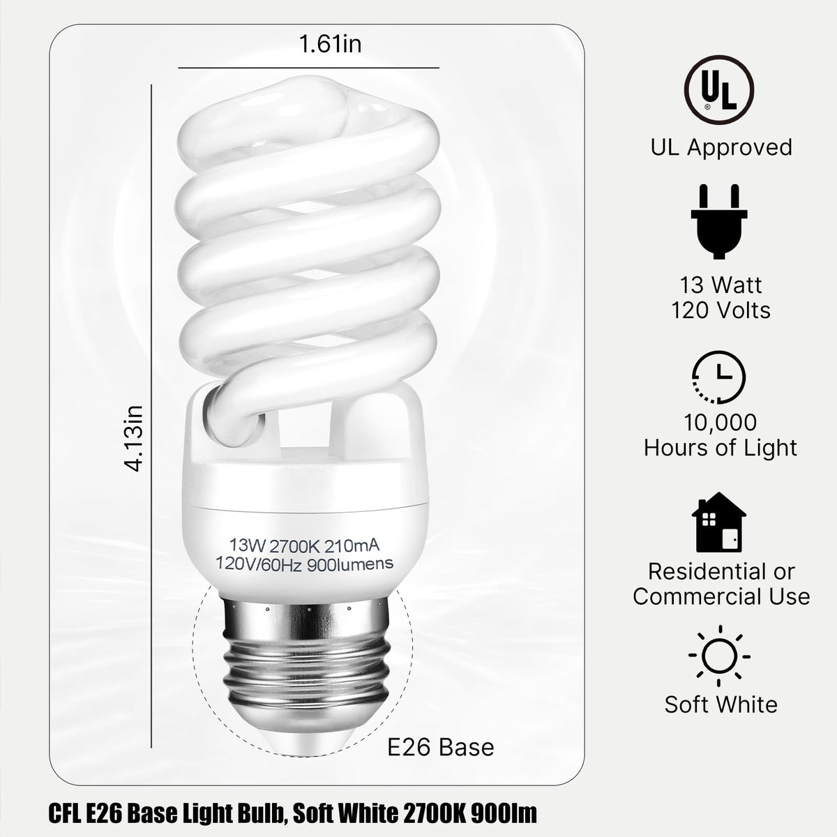 Barfelty E26 CFL bulb spiral close-up showing 13W efficiency
