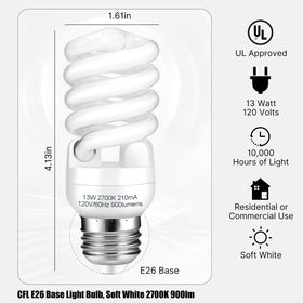 Barfelty E26 CFL bulb spiral close-up showing 13W efficiency