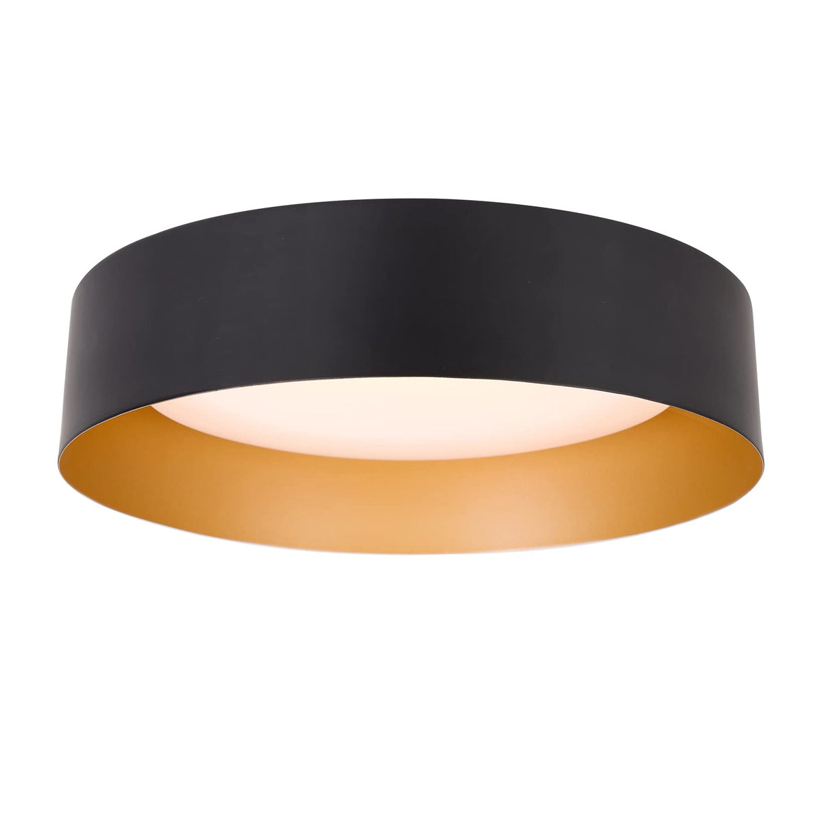 Bargeni flush mount light with matte black frame and gold interior enhances entryway ambiance.