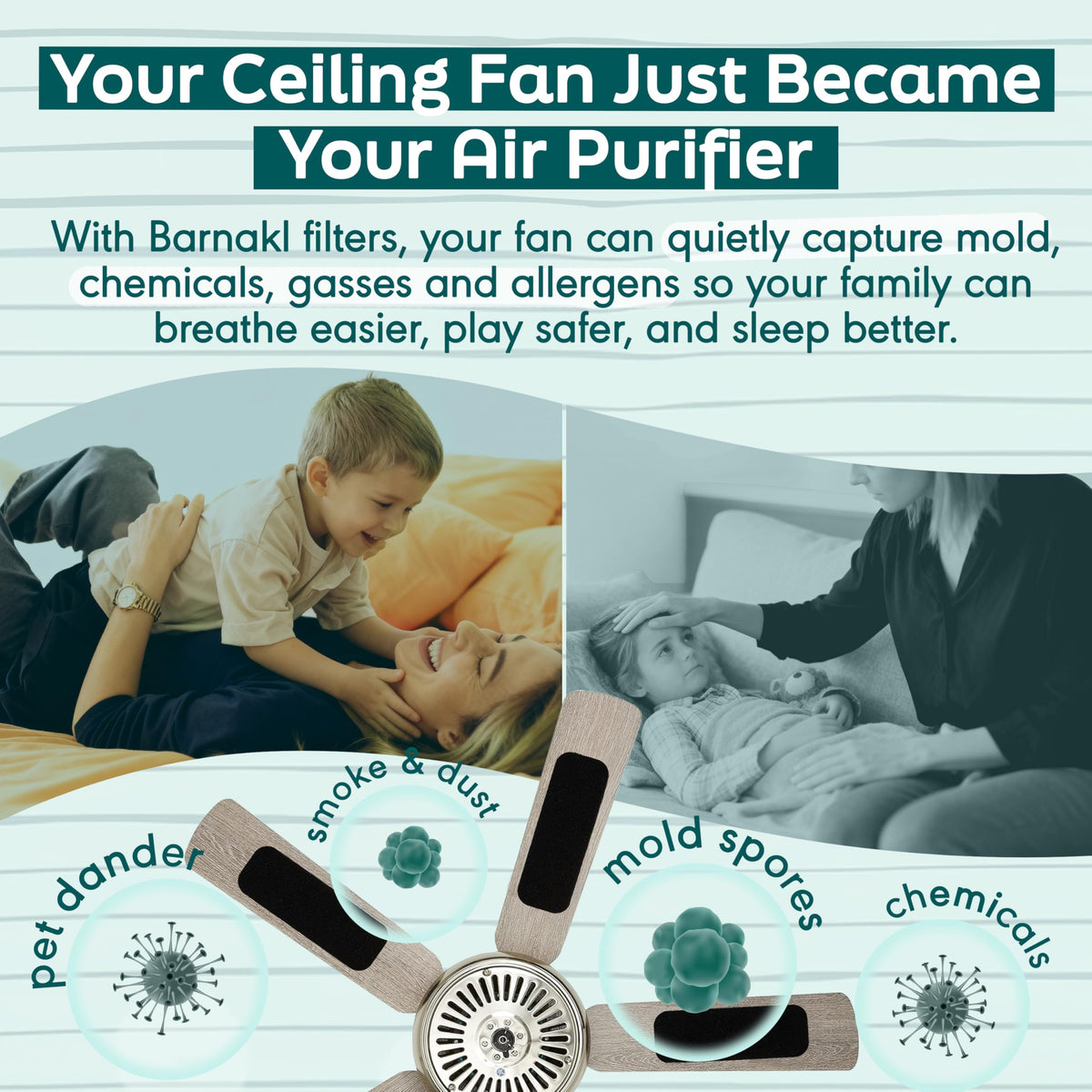 Barnakl coconut-carbon filter delivers silent air purification on fan blades.