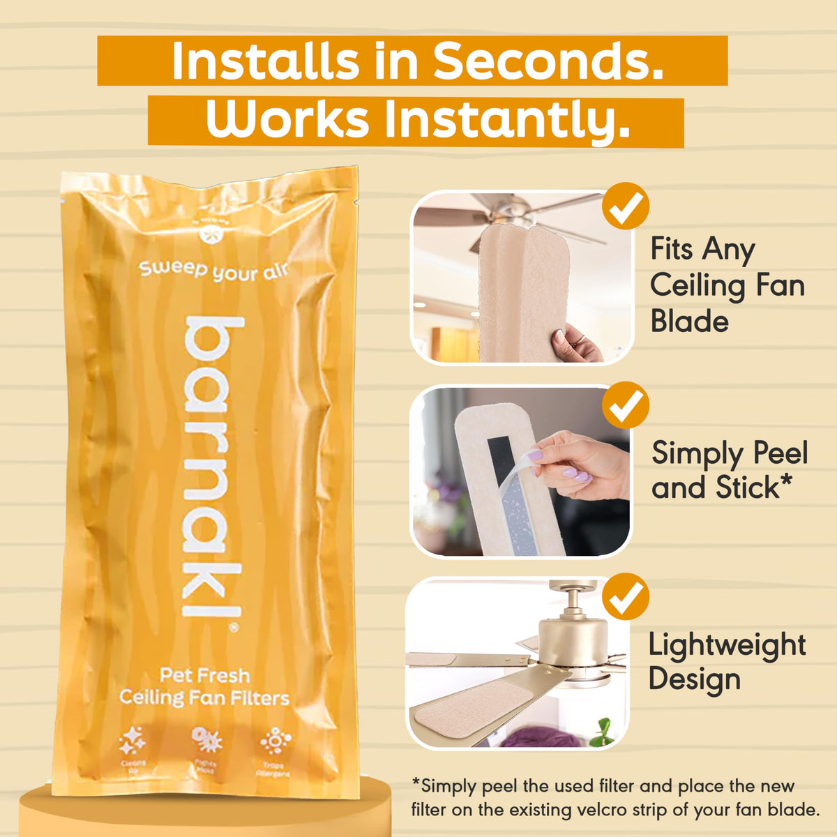 Barnakl ceiling fan filter with Velcro attachment installed