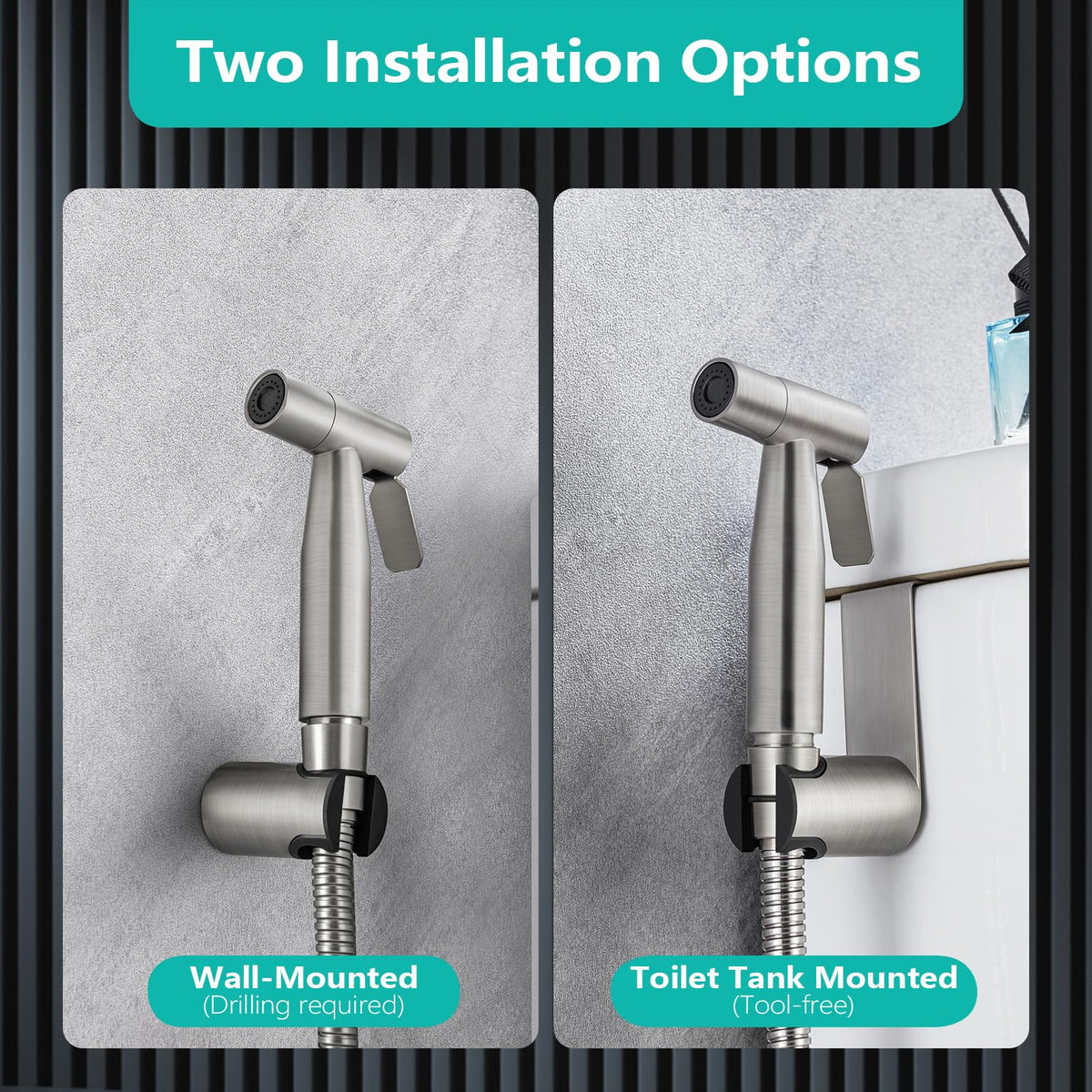 BARROCK brushed nickel finish on the bidet set resists rust and fingerprints.