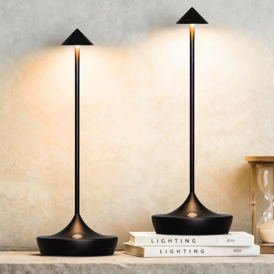 Barryca cordless LED table lamp shown with built-in battery for outdoor dining ambiance.