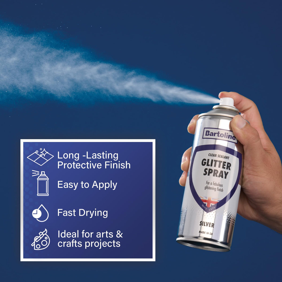 Bartoline Glitter Spray multi-surface compatibility coats wood, metal, plastic, and more