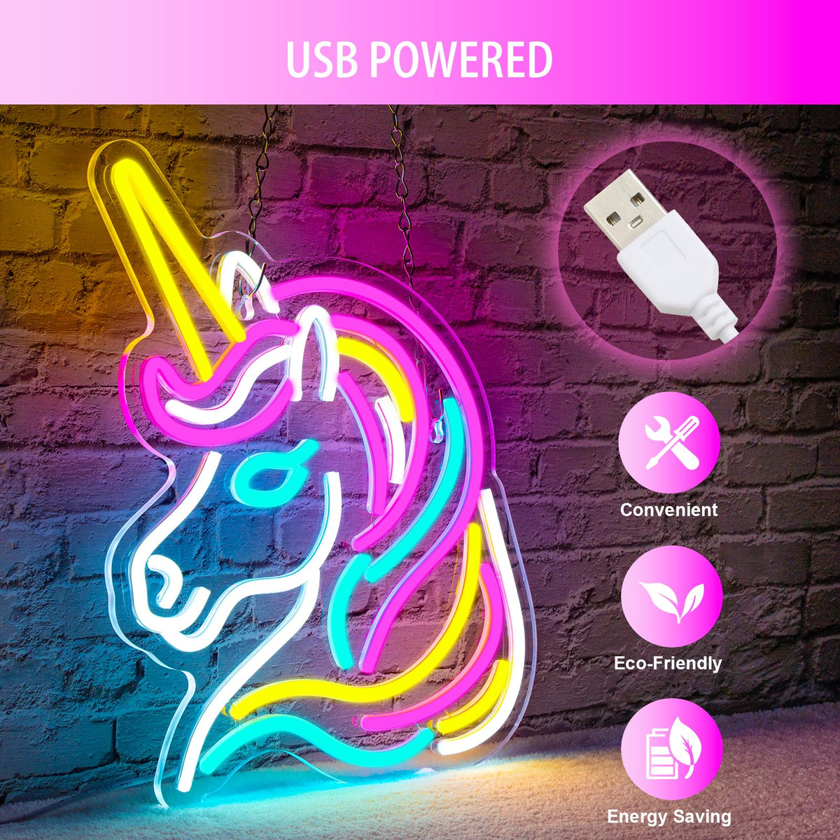 Basaneon Unicorn Neon Sign crafted from acrylic and LED beads for durability.