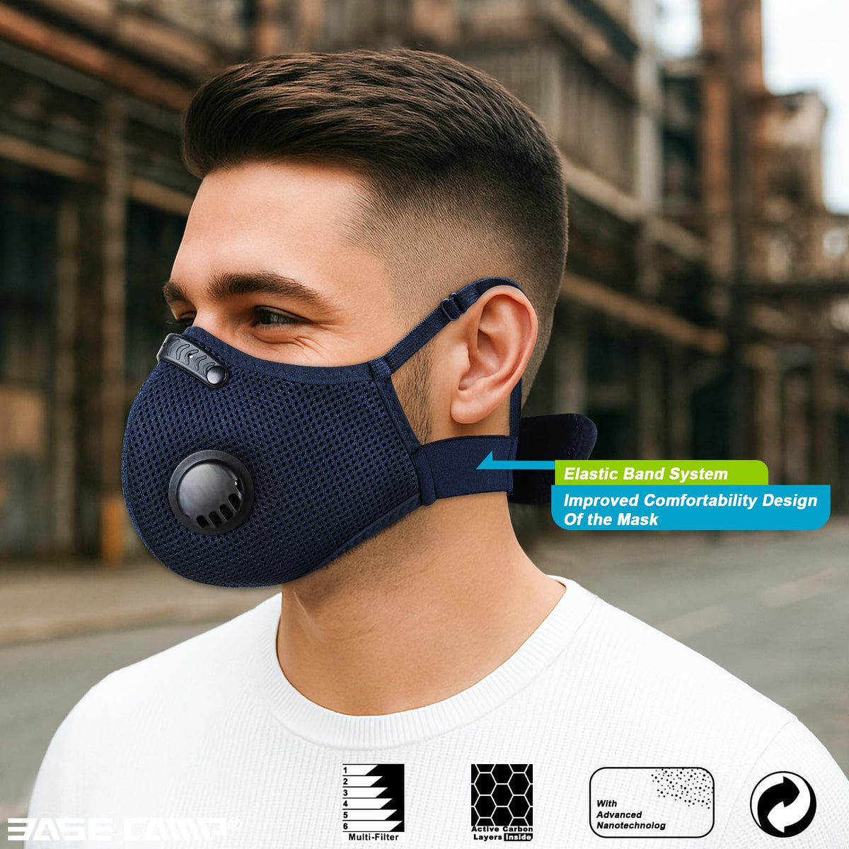 BASE CAMP M Plus worn during assembly with adjustable nose clip
