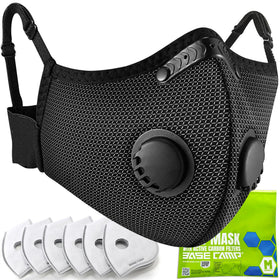 BASE CAMP Silver and Black Upgrade M Plus Dust Mask closeup highlighting premium filtration and durable build.