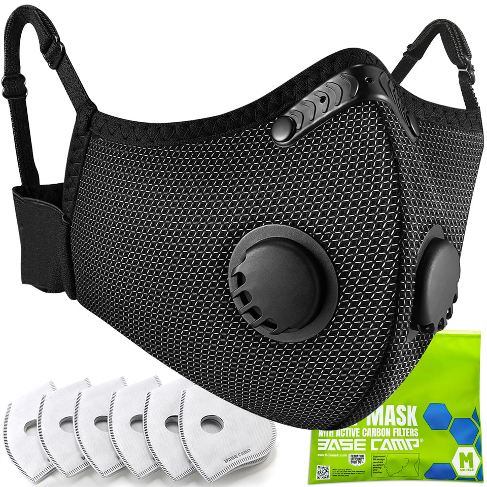 BASE CAMP Silver and Black Upgrade M Plus Dust Mask closeup highlighting premium filtration and durable build.