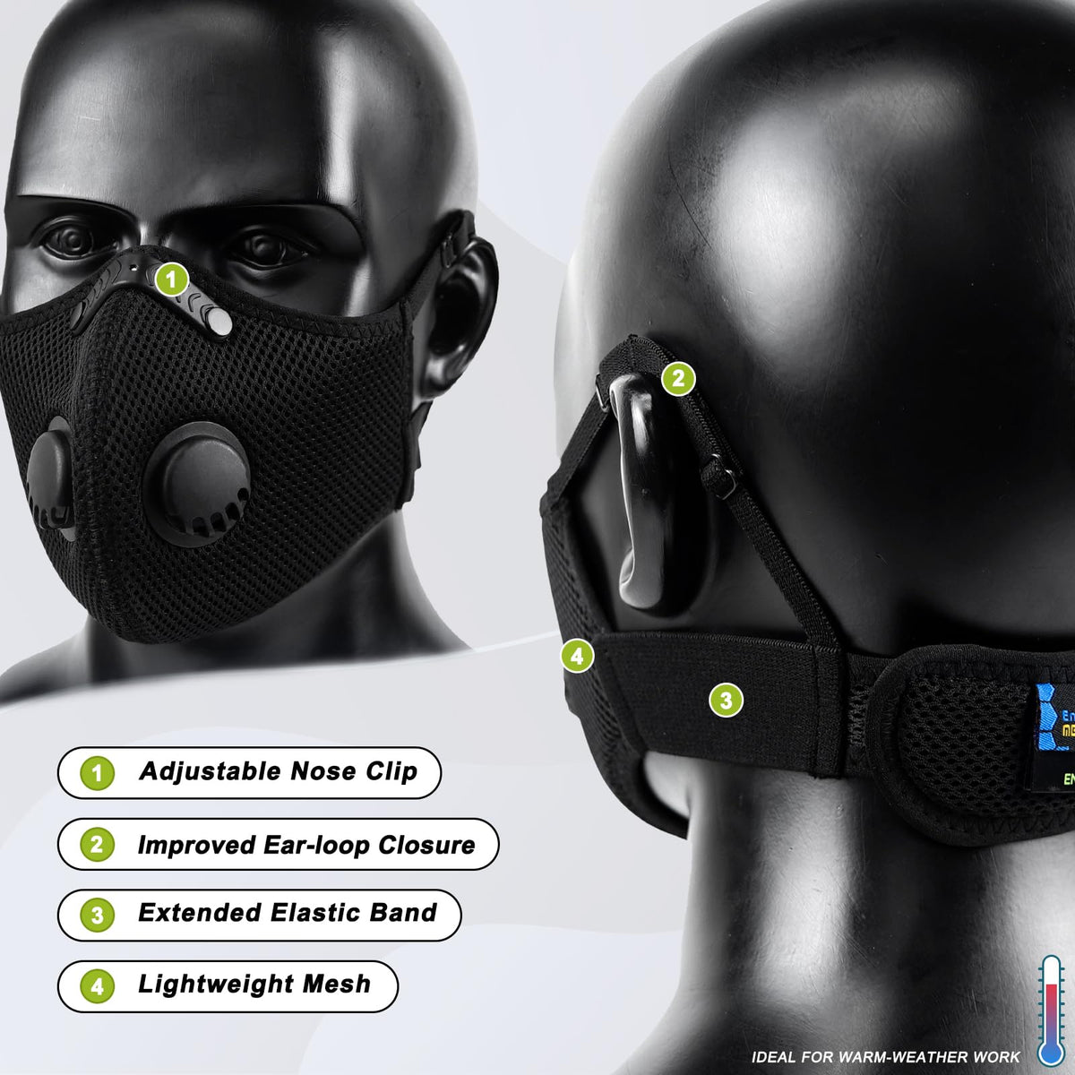 BASE CAMP Upgrade M Plus dust mask with valve enabling smoother breathing and heat dissipation.