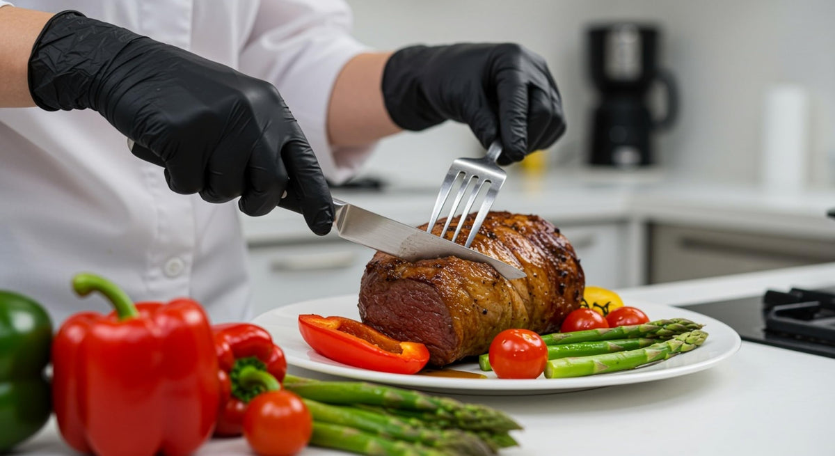 Basic Synmax black vinyl exam gloves suited for lab use.
