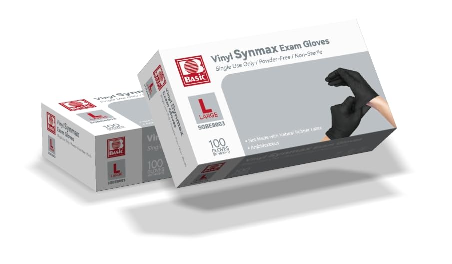 Basic Synmax black vinyl gloves bulk packaging keeps supplies readily available.
