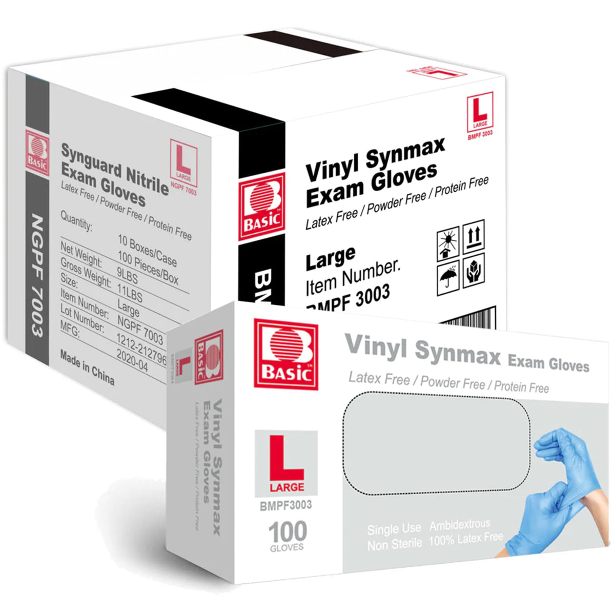 Basic Synmax vinyl exam gloves with latex-free and powder-free design for sensitive skin.