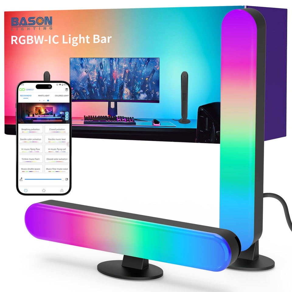 BASON LIGHTING smart light bars beside a monitor delivering vibrant music-synced colors for immersive gaming ambience