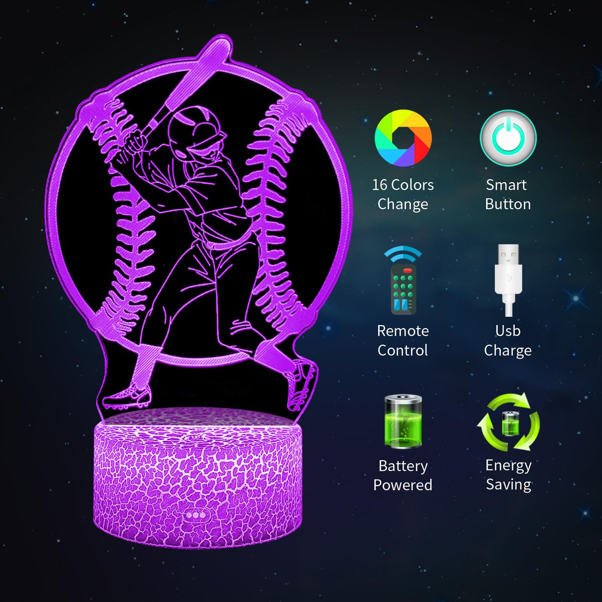 BASSI illuminated acrylic plate shows a striking baseball silhouette.