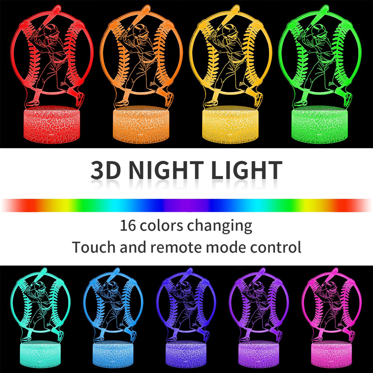 BASSI baseball night light remote control enables easy color choices.