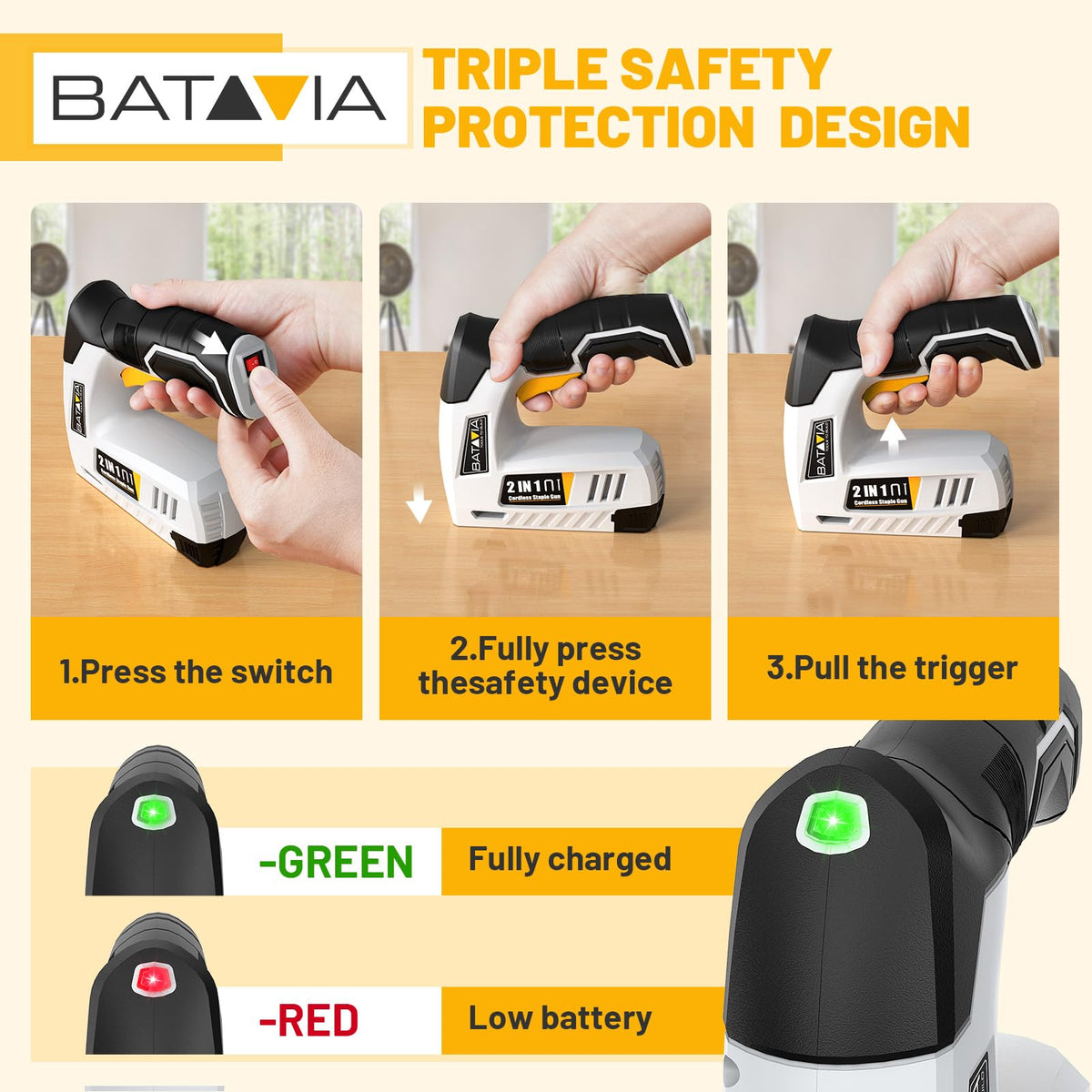 BATAVIA 1500mAh battery powering the cordless stapler for reliable use.