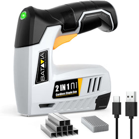 BATAVIA 2-in-1 cordless stapler in upholstery setup, delivering steady staples with no hose.