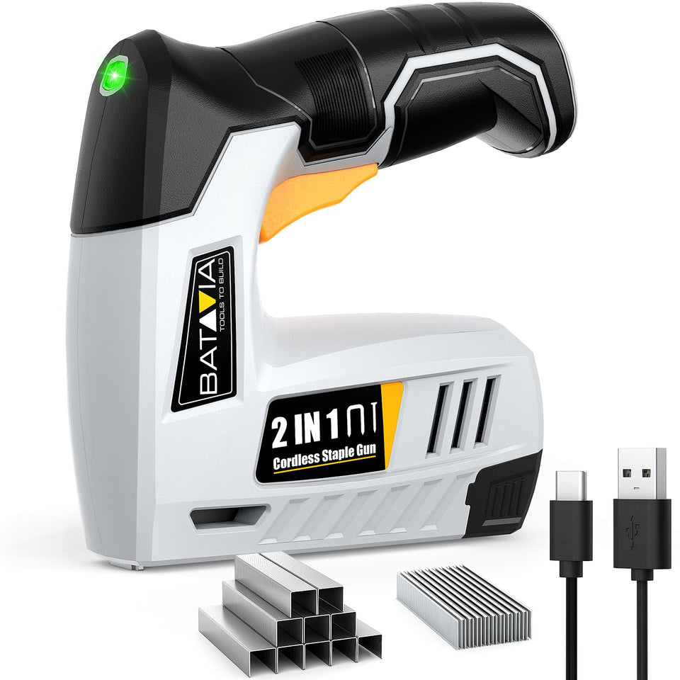 BATAVIA 2-in-1 cordless stapler in upholstery setup, delivering steady staples with no hose.