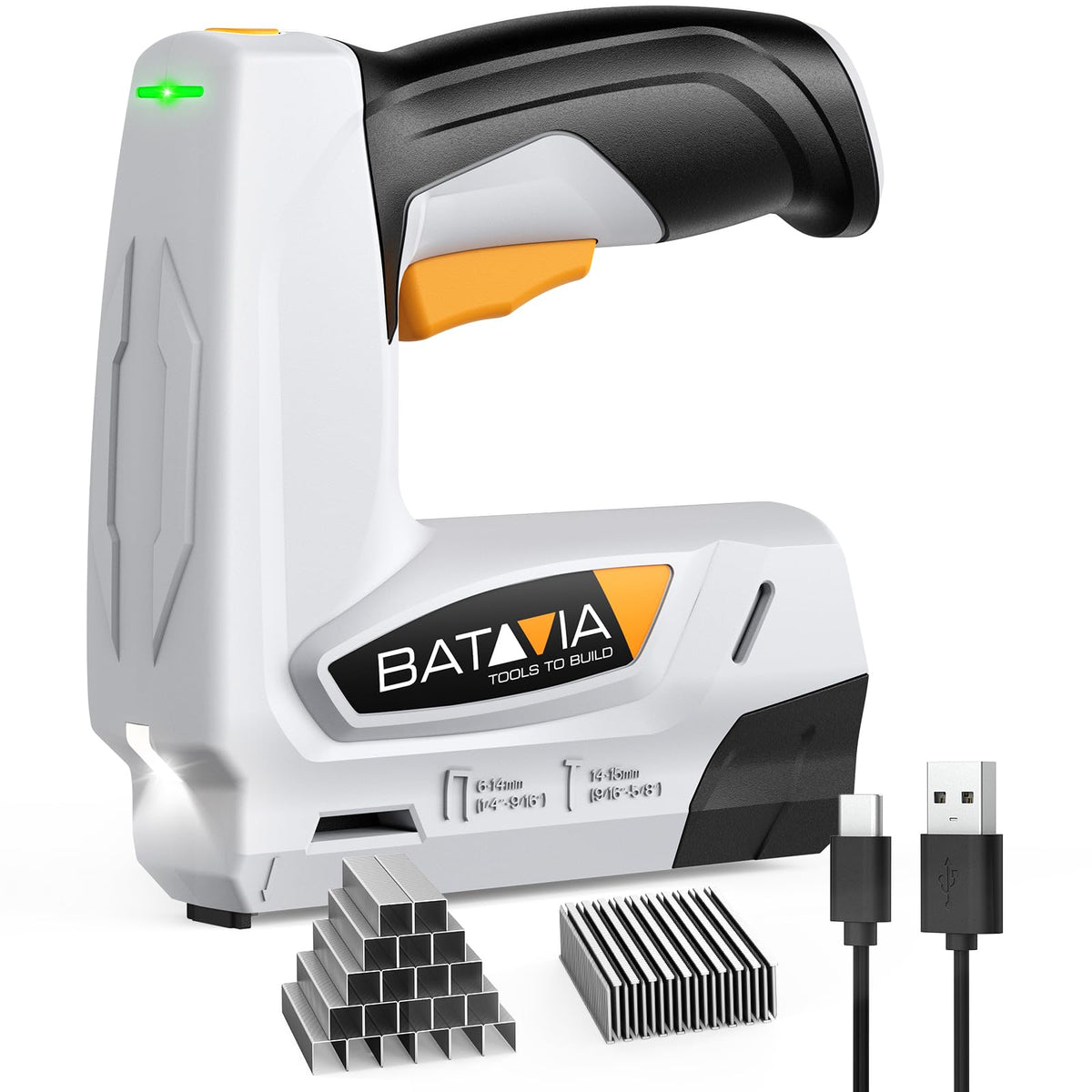 Batavia 2-in-1 cordless staple gun in use for upholstery projects.