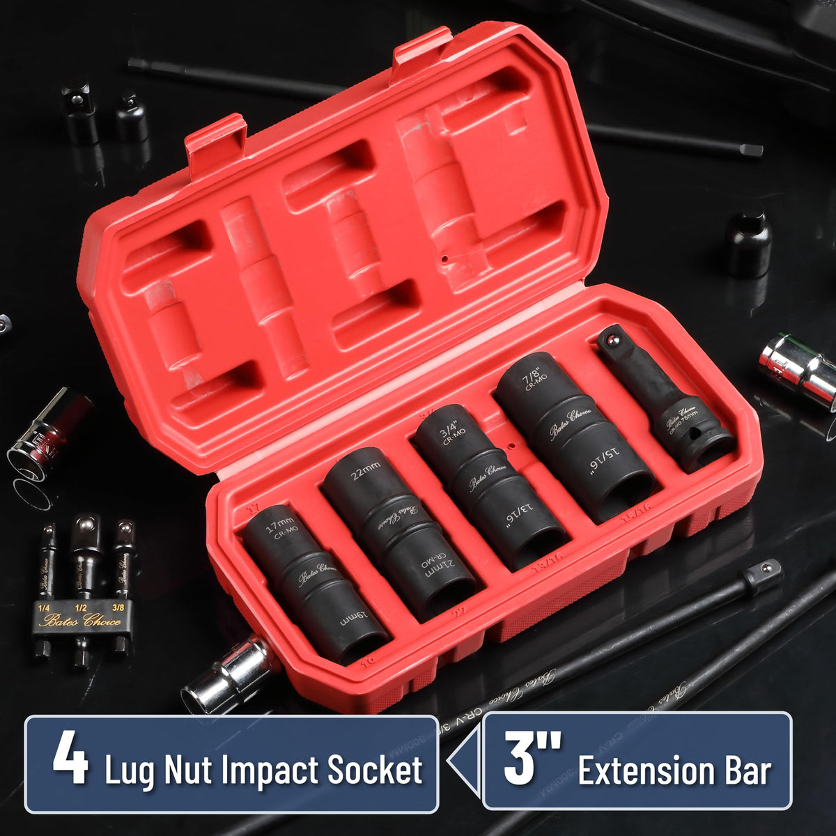 Bates Choice 3-inch extension bar provides reach to tight wheel wells.