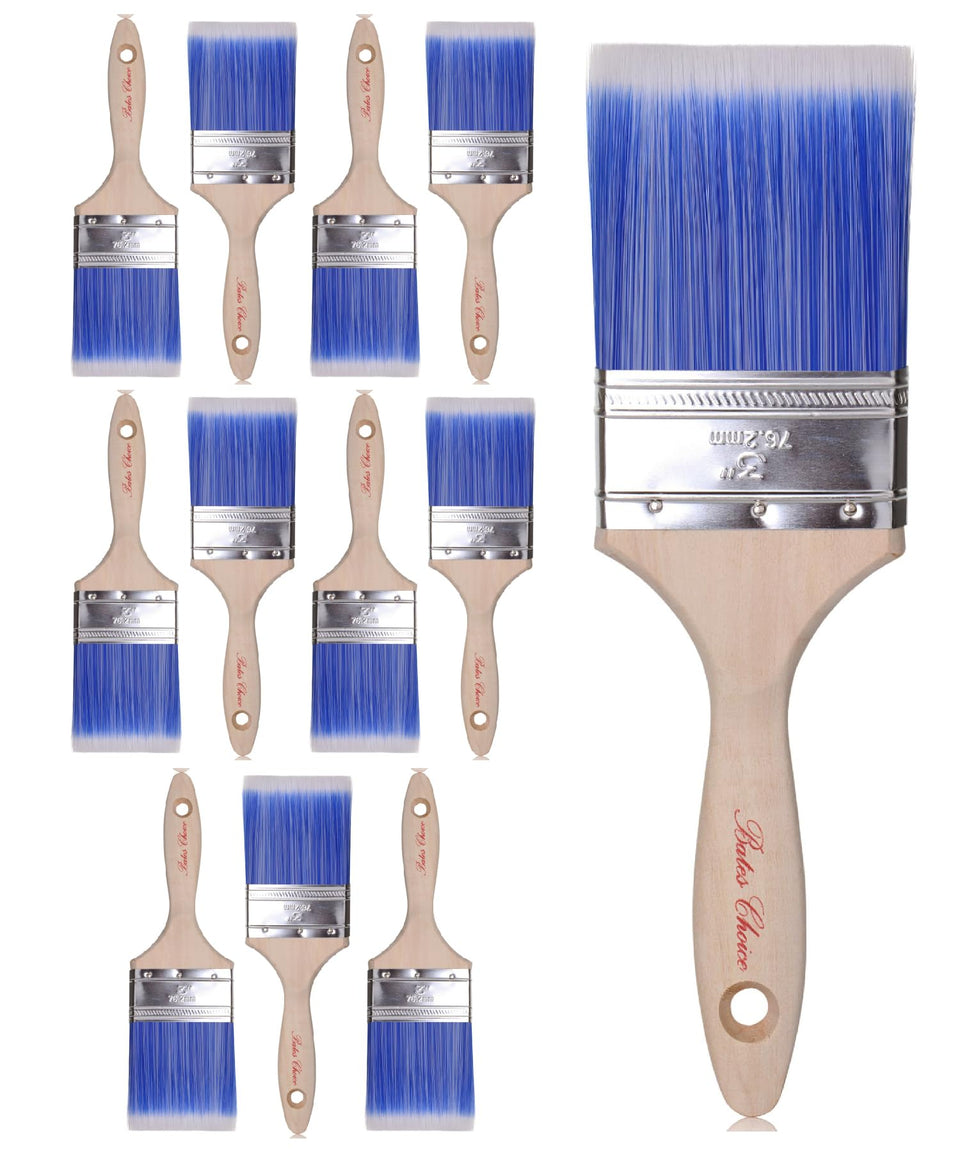 Bates Choice 12-pack brushes with wood handles for smooth wall coverage.