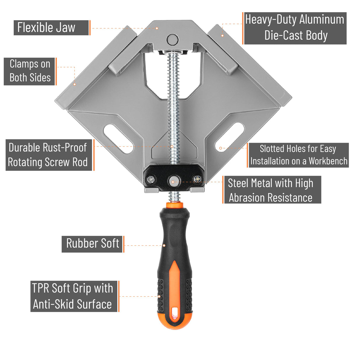 Bates Choice clamp with adjustable swing jaw secure varying thickness stock.
