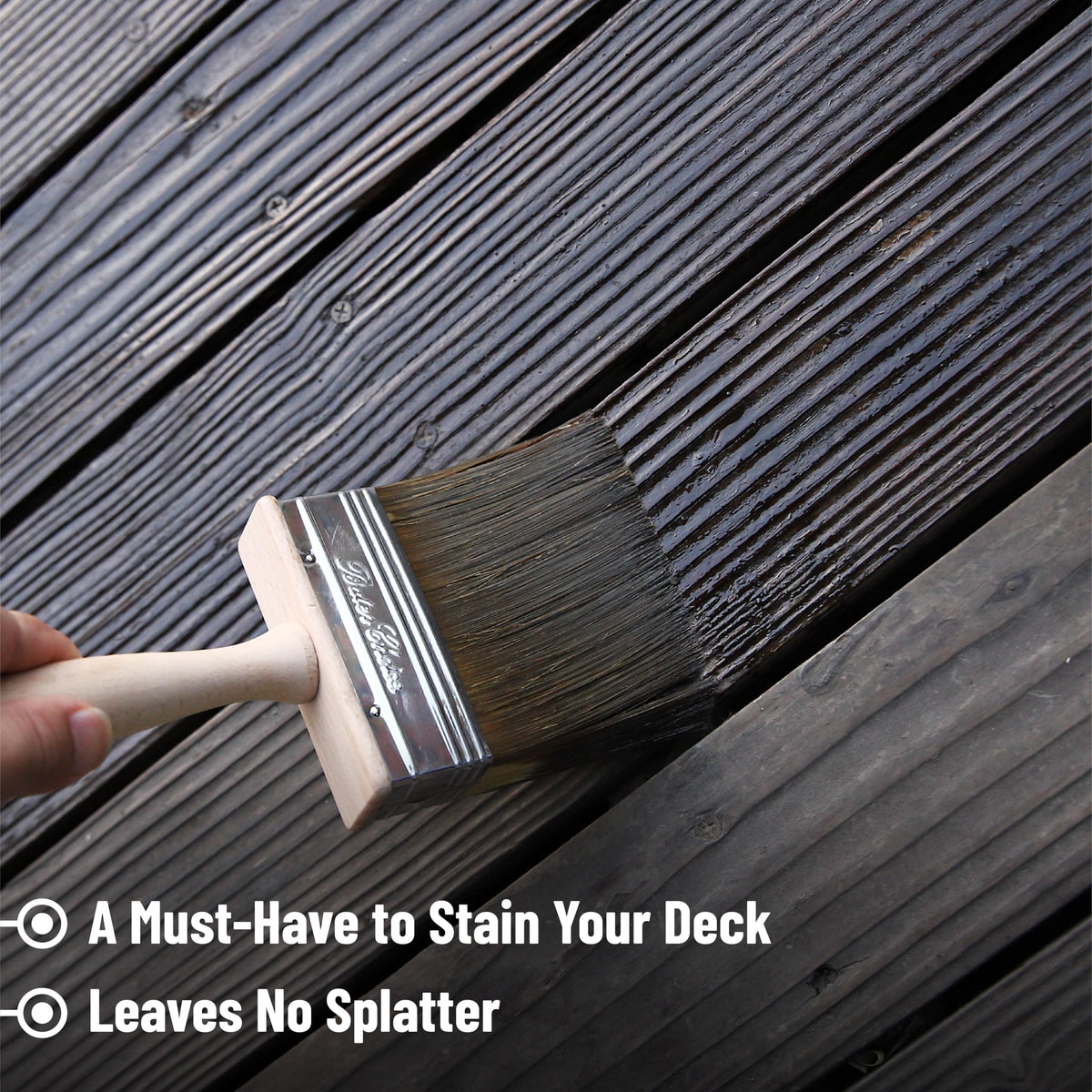 Bates Choice deck stain brush 5in dense bristles enable balanced stain flow.