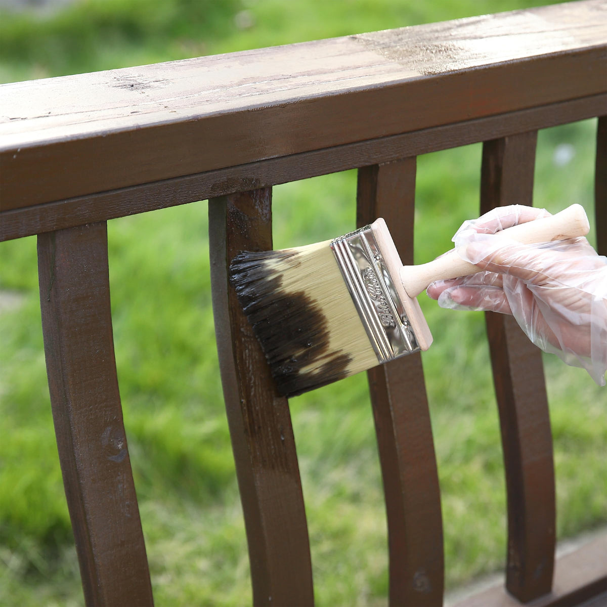 Bates Choice deck stain brush set close-up shows sturdy wooden handle.