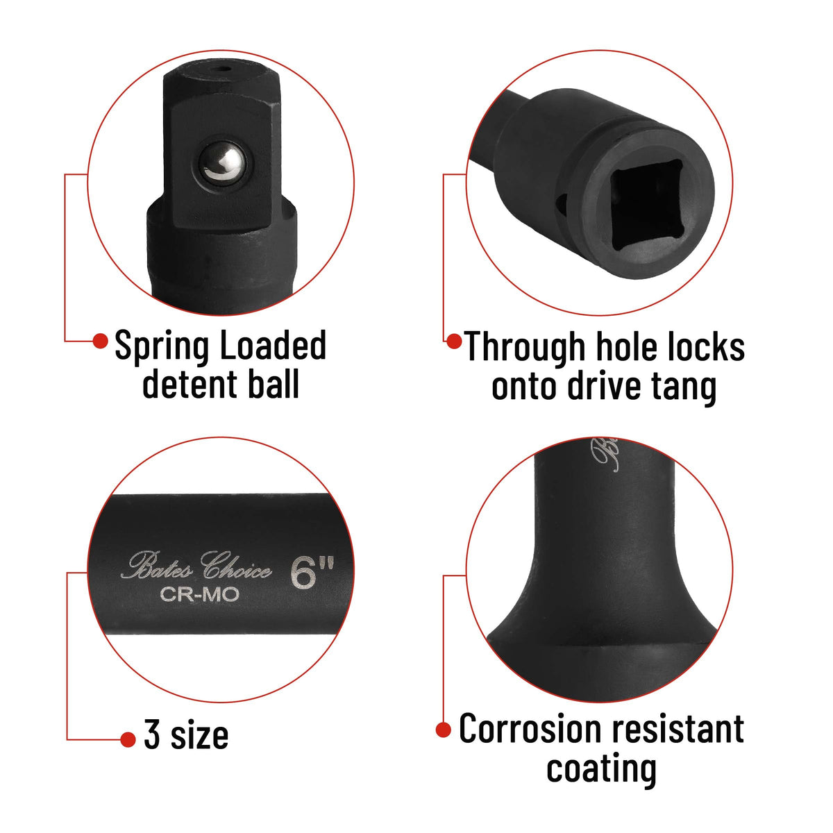 Bates Choice 10 inch extension bar provides long reach for recessed fasteners.