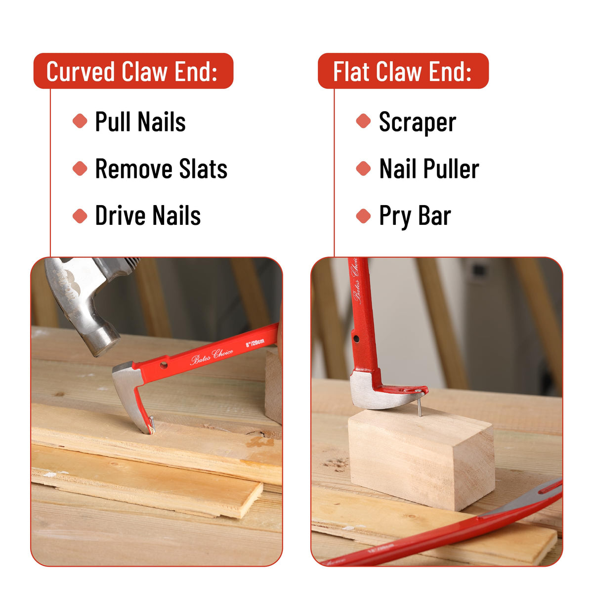 Bates Choice Cat's Paw with durable steel tips supports steady nail removal.