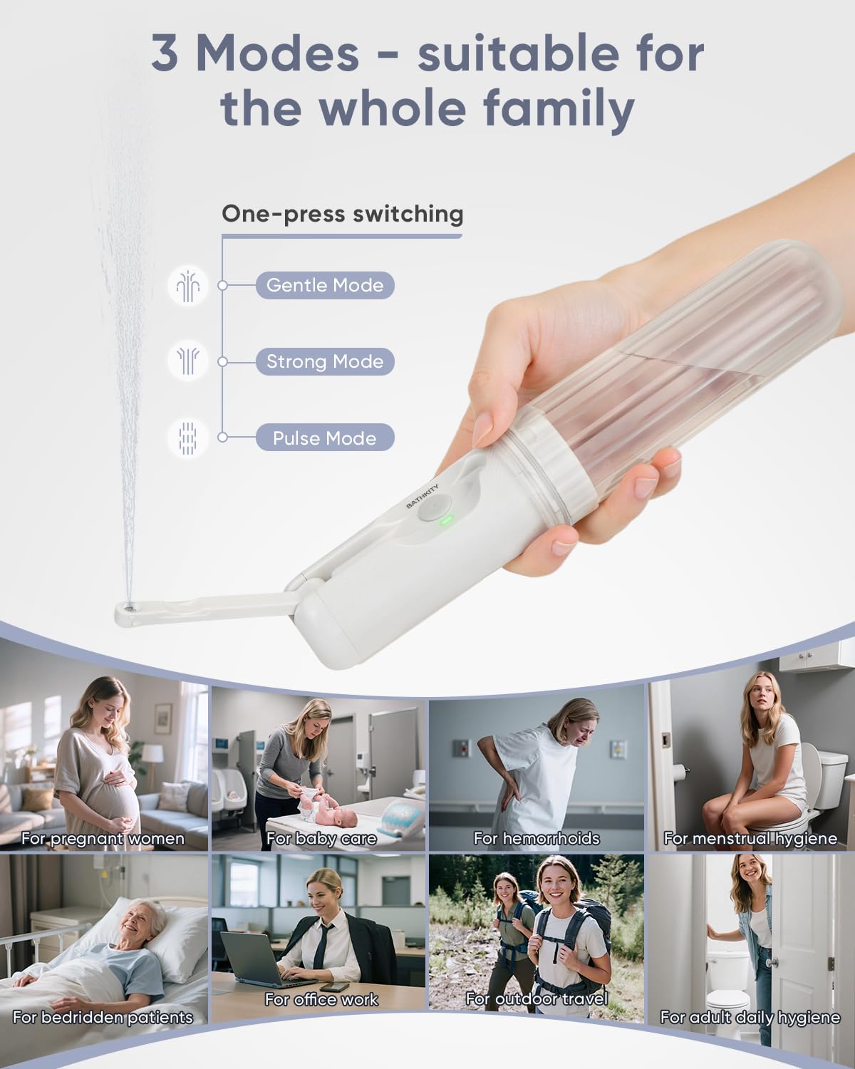 BATHKITY bidet showing built-in multi-bottle adapter for flexible capacity.