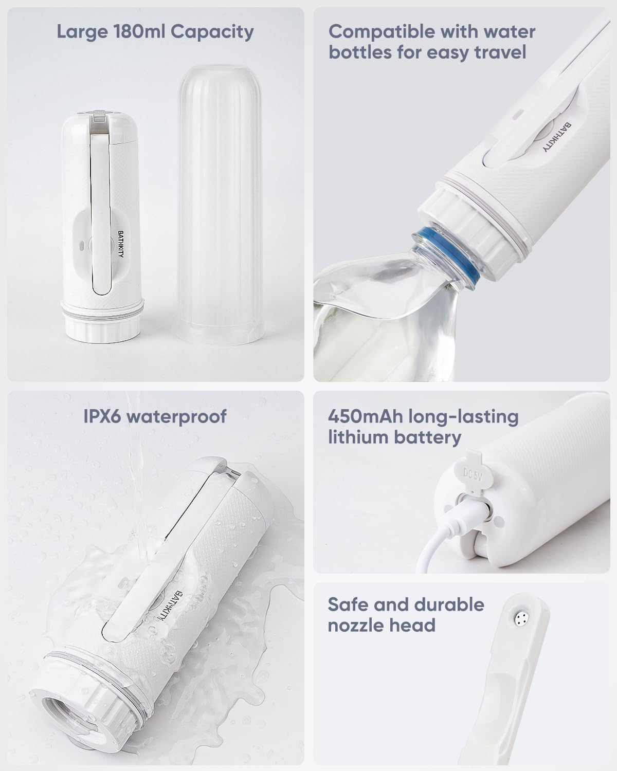 BATHKITY rechargeable bidet with USB Type-C charging for quick top-ups.