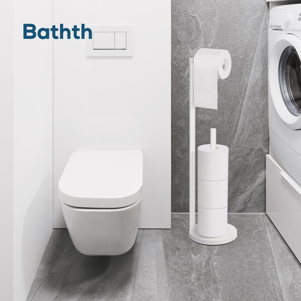 Bathth white toilet paper stand enhances bathroom organization.