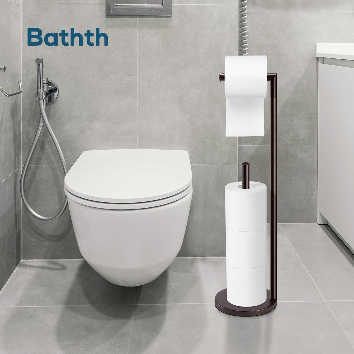Bathth bronze toilet paper holder stand stores three spare rolls for easy access