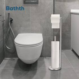 Bathth brushed-nickel toilet paper holder adds a modern touch.