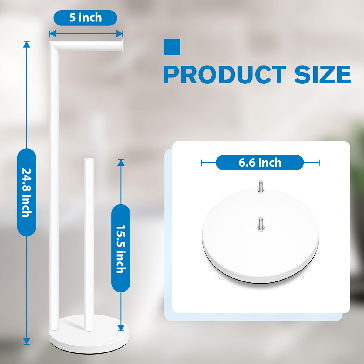Bathth free-standing white toilet paper holder complements modern bathrooms.