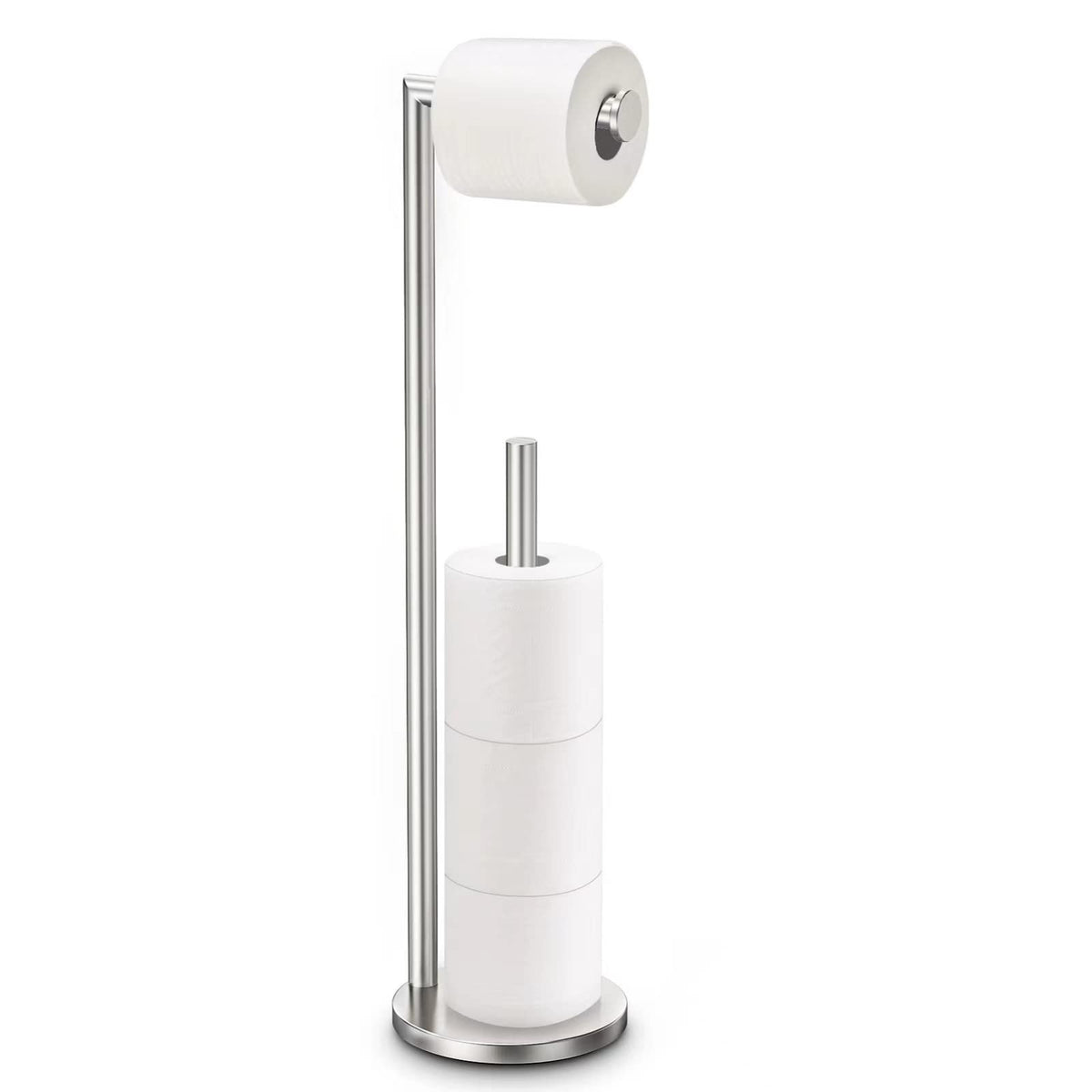 Bathth toilet paper holder stand with brushed nickel finish for easy bathroom organization.