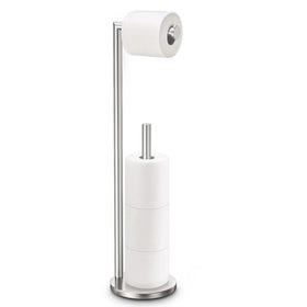 Bathth toilet paper holder stand with brushed nickel finish for easy bathroom organization.