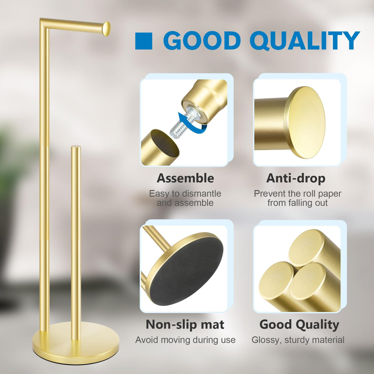 Bathth gold toilet paper holder stand dispensing one roll for quick access