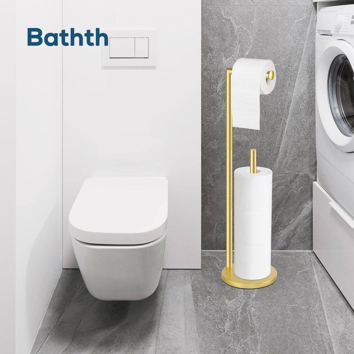 Bathth gold toilet paper holder stand being installed with simple hardware