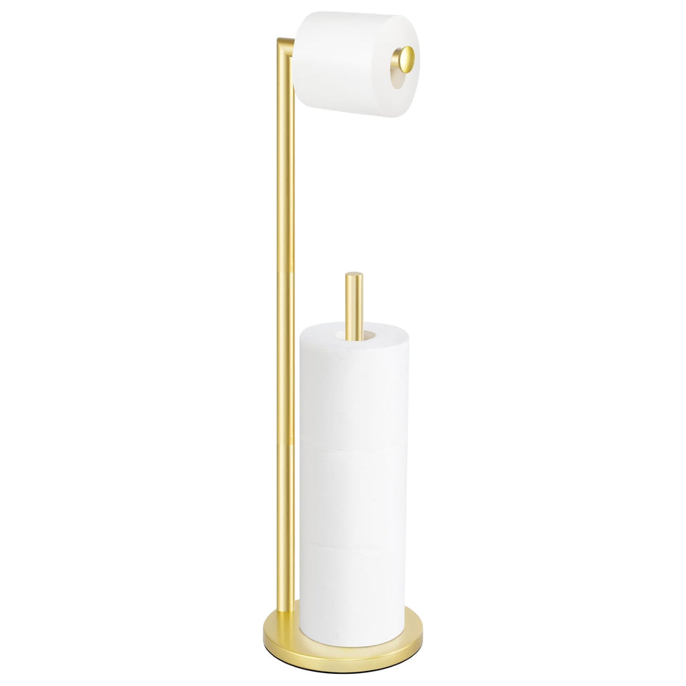 Bathth gold toilet paper holder stand front view showing four-roll capacity