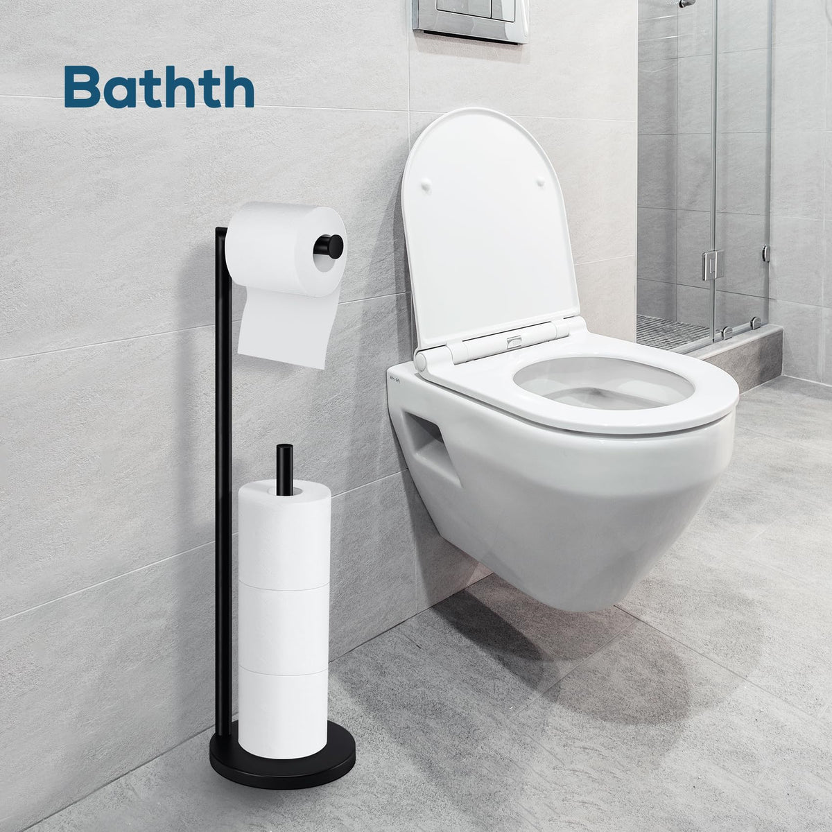 Bathth toilet paper stand in black finish adds modern style