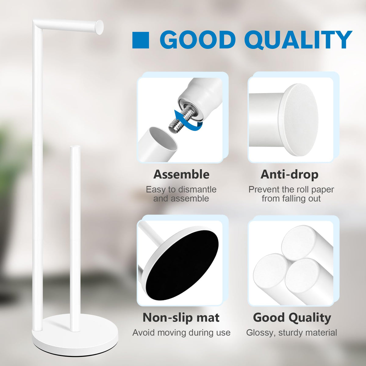 Bathth toilet paper stand front view highlighting compact footprint.